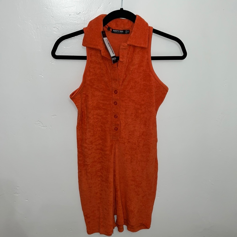 NEVER BEEN WORN - Bright Orange Towelling Collared Cover Up Romper